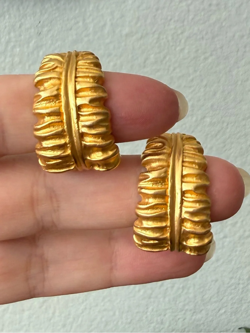 Vintage Matte Gold Clip on Hoop with Feather or Textured Leaf Design Earrings